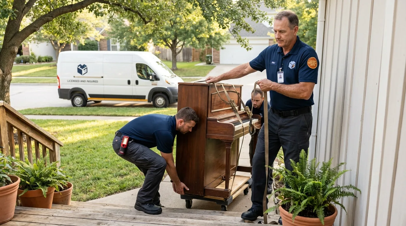 Licensed piano movers securing grand piano in Bremen, IN